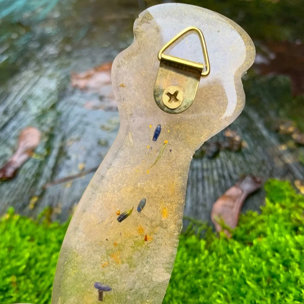 Pink clover and lichen resin dagger wall hanging